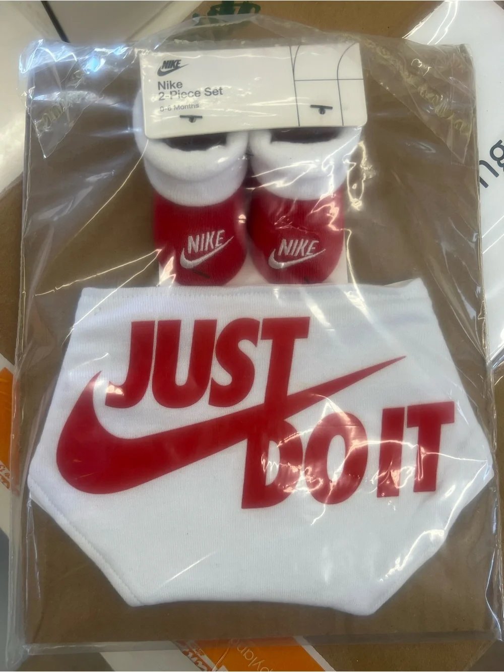 Nike Baby 2-Piece Set - White & Red Swoosh Bib with Booties